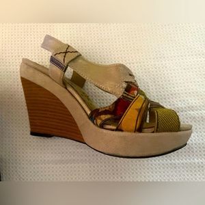 Free People Bobbi Blu Open Toe Sandal Wedge Heel Slingback Patchwork, Women 8